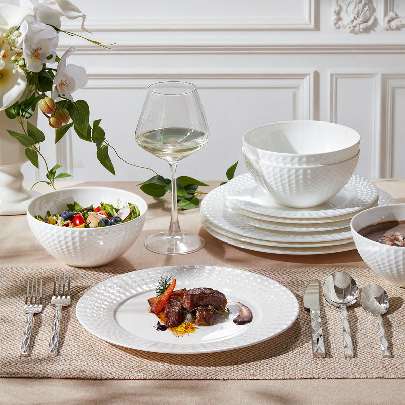 KINGSTONE 12-piece White Bone China 3d Embossed Dinnerware Set